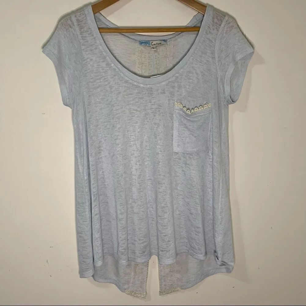 Cecico Womens Blue Short Sleeves Crochet Hem Casual Tunic Top Size Large